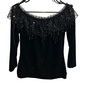 Vintage Cachet Black Stretch Velvet Off-Shoulder Top Sequined Trim Sz Small